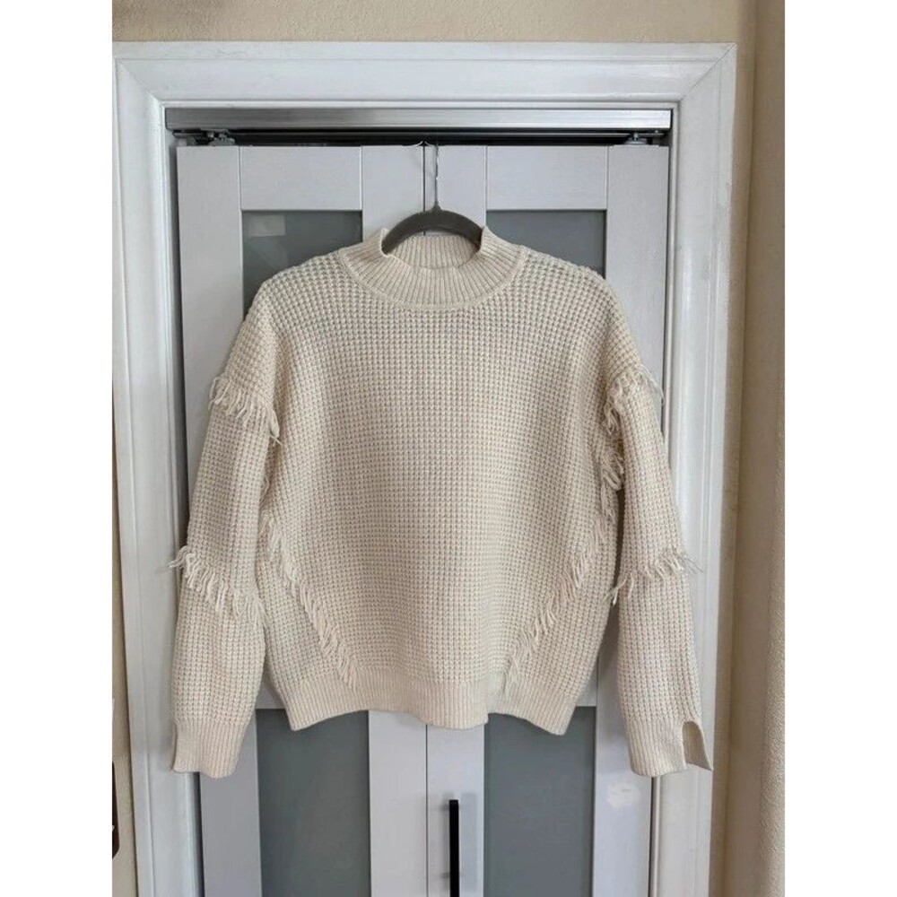 Michael Kors Ivory Cream Waffle Knit Fringe Crew Neck Sweater Size L